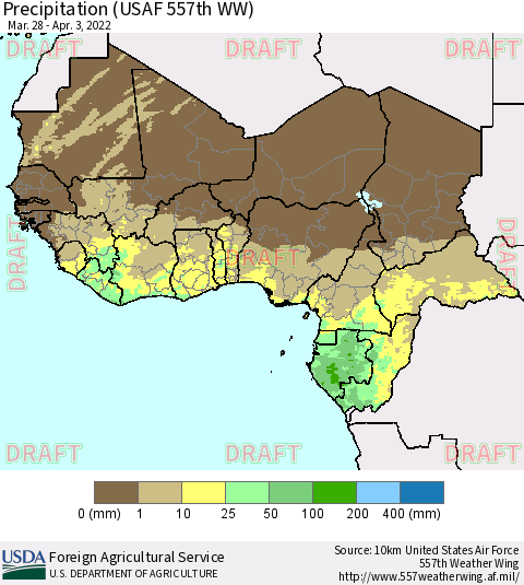 Western Africa Precipitation (USAF 557th WW) Thematic Map For 3/28/2022 - 4/3/2022