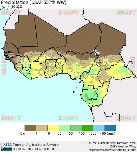 Western Africa Precipitation (USAF 557th WW) Thematic Map For 4/4/2022 - 4/10/2022