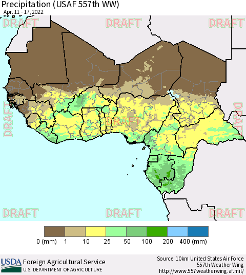 Western Africa Precipitation (USAF 557th WW) Thematic Map For 4/11/2022 - 4/17/2022