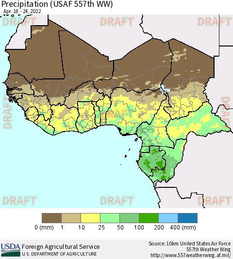 Western Africa Precipitation (USAF 557th WW) Thematic Map For 4/18/2022 - 4/24/2022