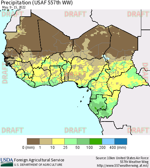 Western Africa Precipitation (USAF 557th WW) Thematic Map For 5/9/2022 - 5/15/2022