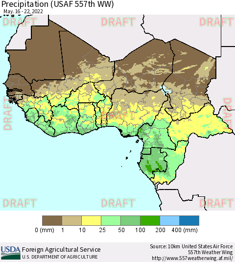 Western Africa Precipitation (USAF 557th WW) Thematic Map For 5/16/2022 - 5/22/2022