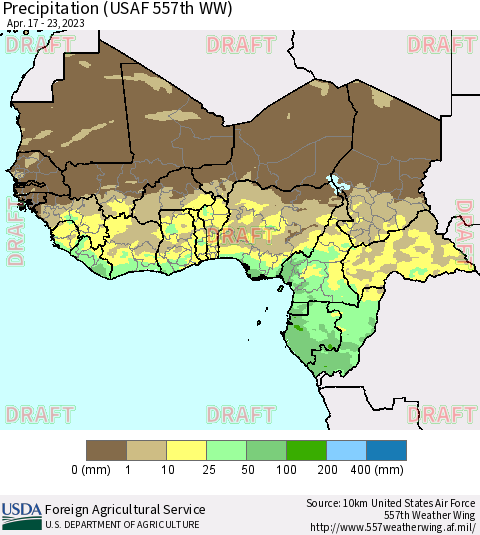 Western Africa Precipitation (USAF 557th WW) Thematic Map For 4/17/2023 - 4/23/2023