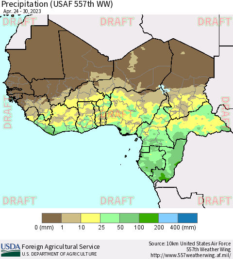 Western Africa Precipitation (USAF 557th WW) Thematic Map For 4/24/2023 - 4/30/2023