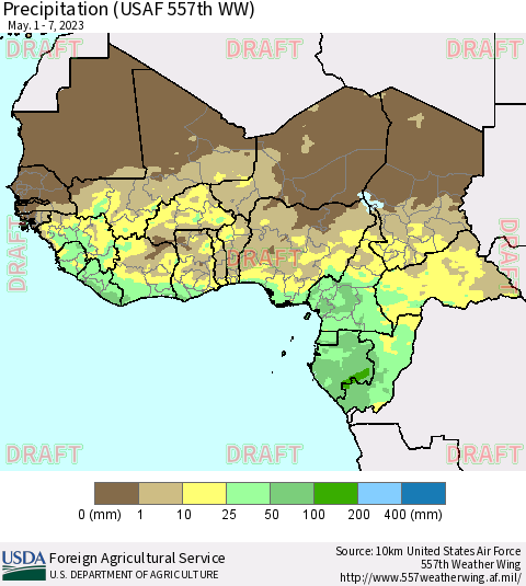 Western Africa Precipitation (USAF 557th WW) Thematic Map For 5/1/2023 - 5/7/2023
