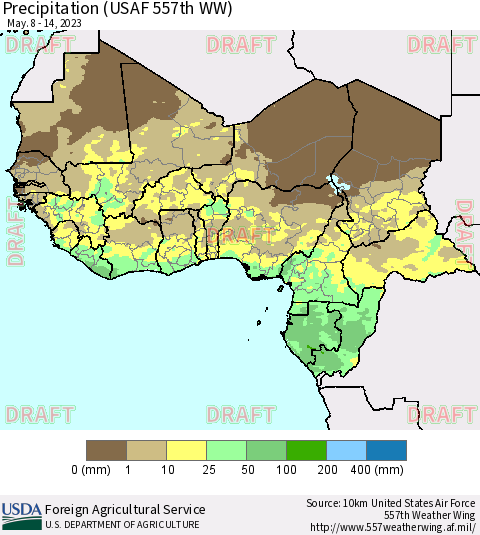 Western Africa Precipitation (USAF 557th WW) Thematic Map For 5/8/2023 - 5/14/2023