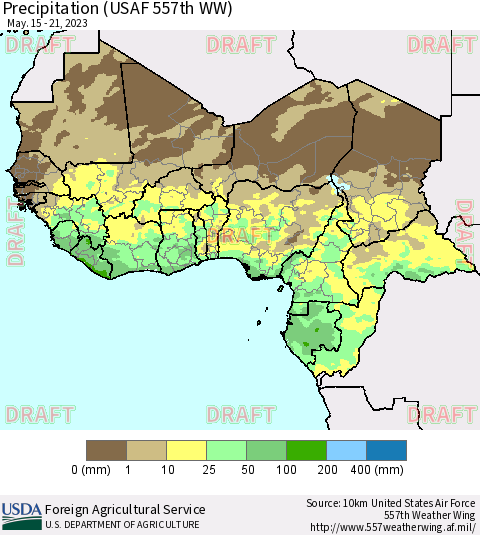 Western Africa Precipitation (USAF 557th WW) Thematic Map For 5/15/2023 - 5/21/2023