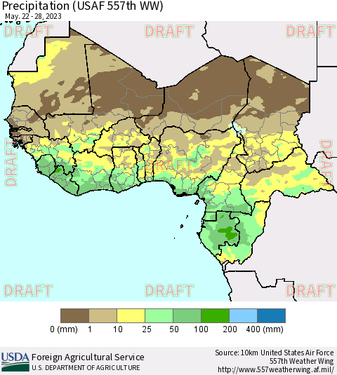 Western Africa Precipitation (USAF 557th WW) Thematic Map For 5/22/2023 - 5/28/2023