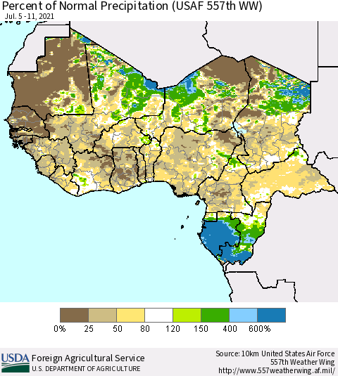 Western Africa Percent of Normal Precipitation (USAF 557th WW) Thematic Map For 7/5/2021 - 7/11/2021