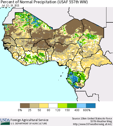 Western Africa Percent of Normal Precipitation (USAF 557th WW) Thematic Map For 7/12/2021 - 7/18/2021
