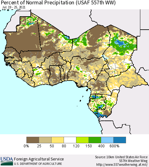 Western Africa Percent of Normal Precipitation (USAF 557th WW) Thematic Map For 7/19/2021 - 7/25/2021