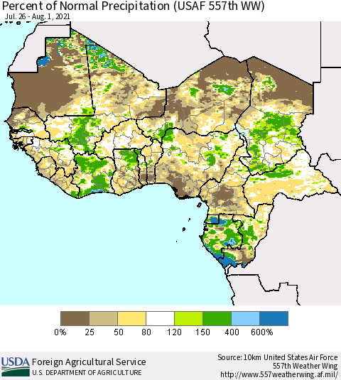 Western Africa Percent of Normal Precipitation (USAF 557th WW) Thematic Map For 7/26/2021 - 8/1/2021