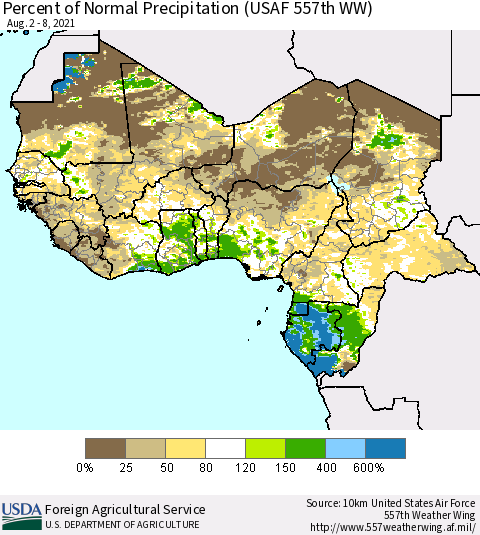 Western Africa Percent of Normal Precipitation (USAF 557th WW) Thematic Map For 8/2/2021 - 8/8/2021