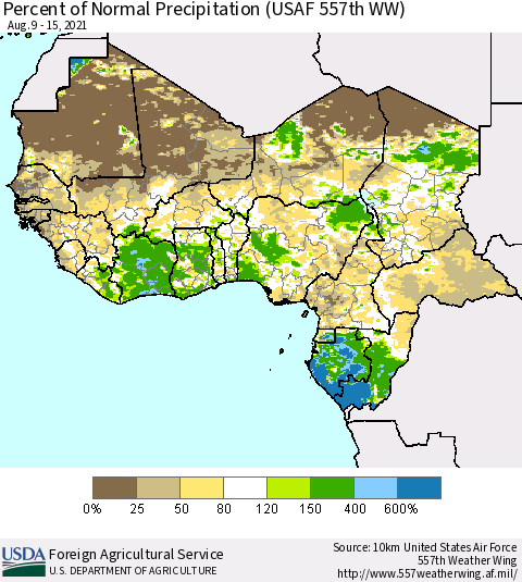 Western Africa Percent of Normal Precipitation (USAF 557th WW) Thematic Map For 8/9/2021 - 8/15/2021