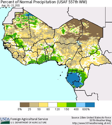 Western Africa Percent of Normal Precipitation (USAF 557th WW) Thematic Map For 8/16/2021 - 8/22/2021