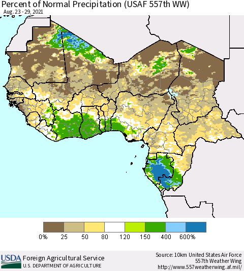 Western Africa Percent of Normal Precipitation (USAF 557th WW) Thematic Map For 8/23/2021 - 8/29/2021