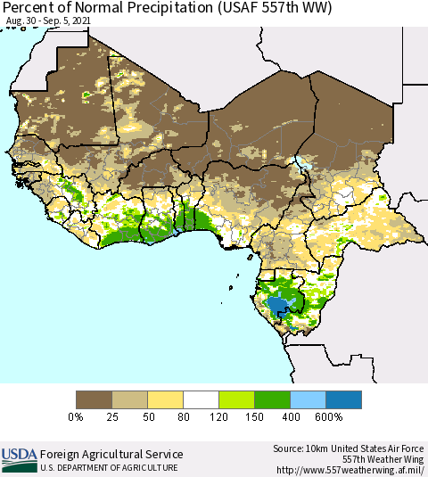 Western Africa Percent of Normal Precipitation (USAF 557th WW) Thematic Map For 8/30/2021 - 9/5/2021