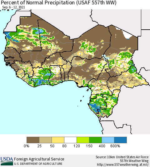 Western Africa Percent of Normal Precipitation (USAF 557th WW) Thematic Map For 9/6/2021 - 9/12/2021