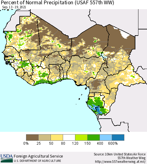 Western Africa Percent of Normal Precipitation (USAF 557th WW) Thematic Map For 9/13/2021 - 9/19/2021