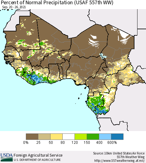 Western Africa Percent of Normal Precipitation (USAF 557th WW) Thematic Map For 9/20/2021 - 9/26/2021