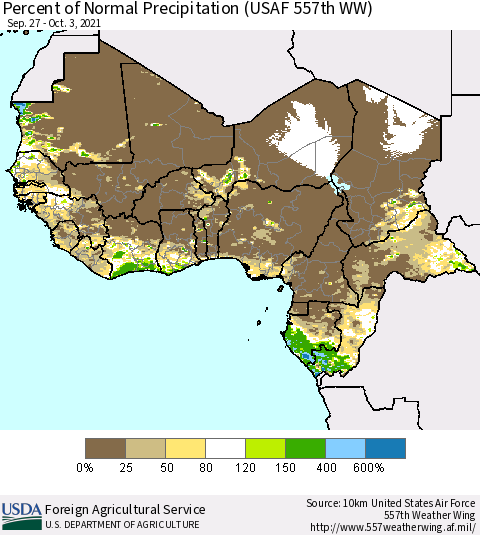 Western Africa Percent of Normal Precipitation (USAF 557th WW) Thematic Map For 9/27/2021 - 10/3/2021