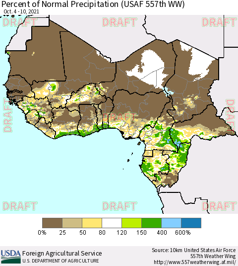Western Africa Percent of Normal Precipitation (USAF 557th WW) Thematic Map For 10/4/2021 - 10/10/2021