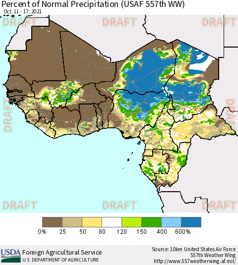 Western Africa Percent of Normal Precipitation (USAF 557th WW) Thematic Map For 10/11/2021 - 10/17/2021