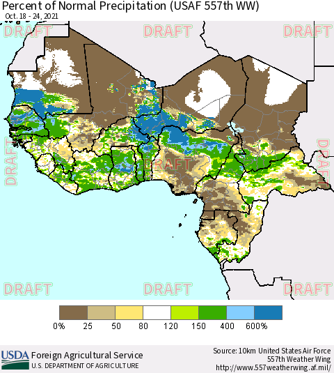 Western Africa Percent of Normal Precipitation (USAF 557th WW) Thematic Map For 10/18/2021 - 10/24/2021