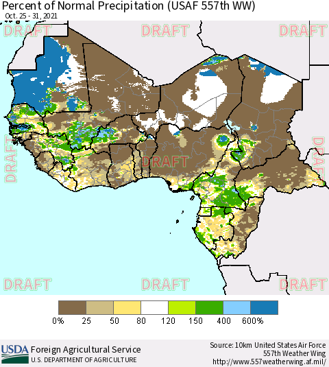 Western Africa Percent of Normal Precipitation (USAF 557th WW) Thematic Map For 10/25/2021 - 10/31/2021