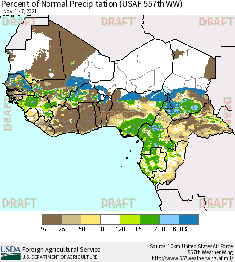 Western Africa Percent of Normal Precipitation (USAF 557th WW) Thematic Map For 11/1/2021 - 11/7/2021