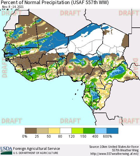 Western Africa Percent of Normal Precipitation (USAF 557th WW) Thematic Map For 11/8/2021 - 11/14/2021