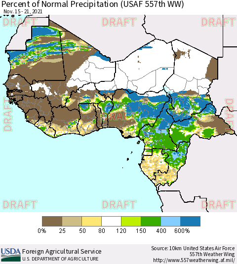 Western Africa Percent of Normal Precipitation (USAF 557th WW) Thematic Map For 11/15/2021 - 11/21/2021