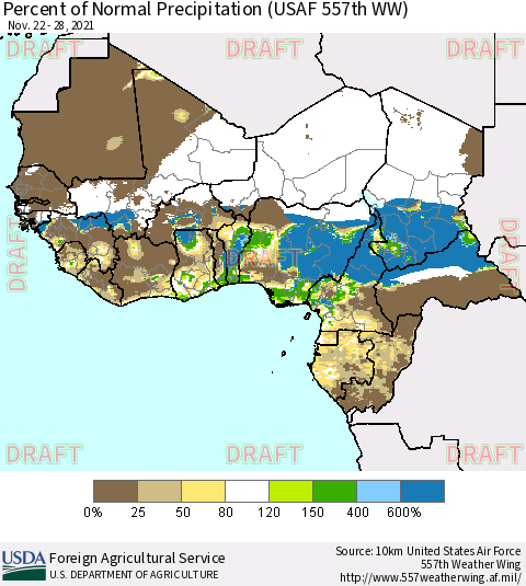Western Africa Percent of Normal Precipitation (USAF 557th WW) Thematic Map For 11/22/2021 - 11/28/2021