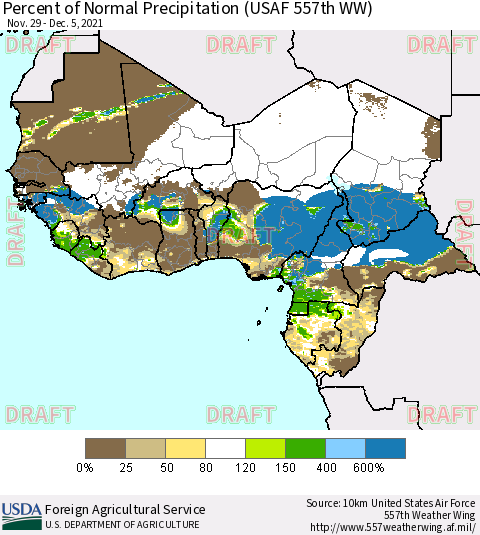 Western Africa Percent of Normal Precipitation (USAF 557th WW) Thematic Map For 11/29/2021 - 12/5/2021