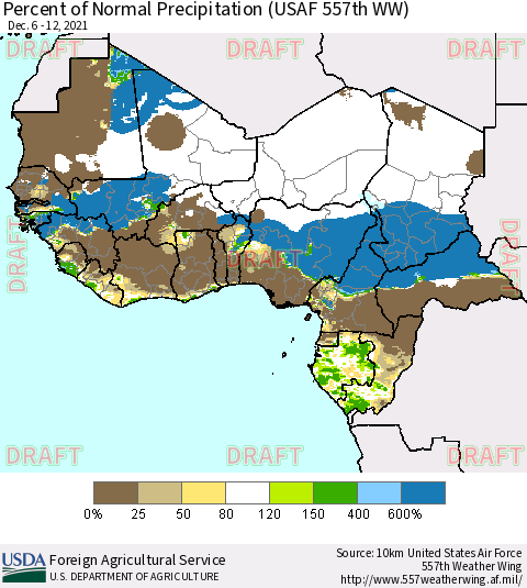 Western Africa Percent of Normal Precipitation (USAF 557th WW) Thematic Map For 12/6/2021 - 12/12/2021
