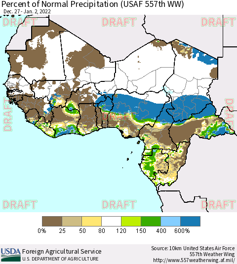 Western Africa Percent of Normal Precipitation (USAF 557th WW) Thematic Map For 12/27/2021 - 1/2/2022