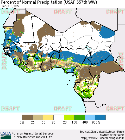 Western Africa Percent of Normal Precipitation (USAF 557th WW) Thematic Map For 1/3/2022 - 1/9/2022