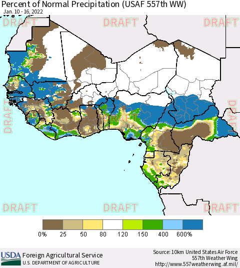 Western Africa Percent of Normal Precipitation (USAF 557th WW) Thematic Map For 1/10/2022 - 1/16/2022