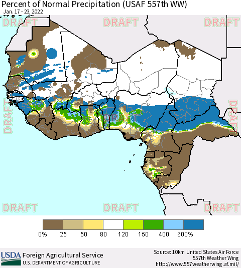 Western Africa Percent of Normal Precipitation (USAF 557th WW) Thematic Map For 1/17/2022 - 1/23/2022