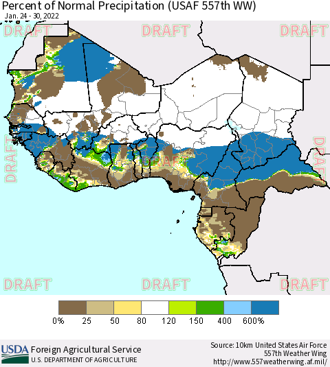 Western Africa Percent of Normal Precipitation (USAF 557th WW) Thematic Map For 1/24/2022 - 1/30/2022