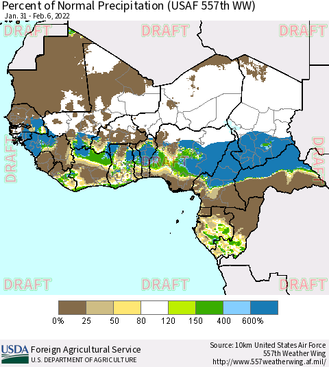 Western Africa Percent of Normal Precipitation (USAF 557th WW) Thematic Map For 1/31/2022 - 2/6/2022