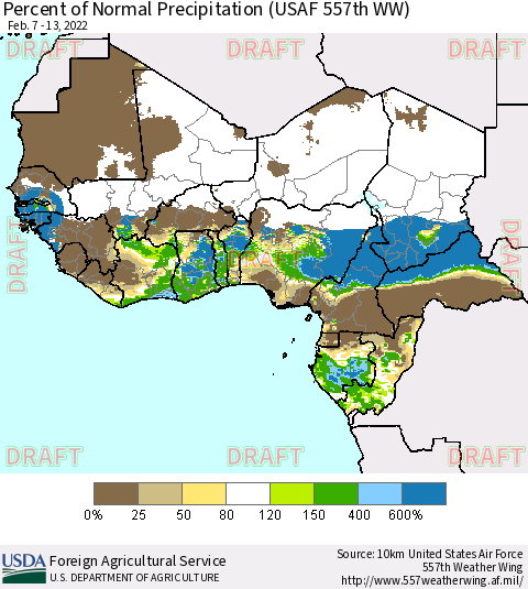 Western Africa Percent of Normal Precipitation (USAF 557th WW) Thematic Map For 2/7/2022 - 2/13/2022