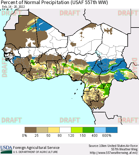 Western Africa Percent of Normal Precipitation (USAF 557th WW) Thematic Map For 2/14/2022 - 2/20/2022
