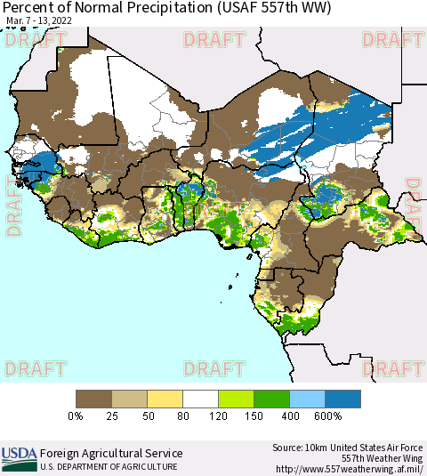 Western Africa Percent of Normal Precipitation (USAF 557th WW) Thematic Map For 3/7/2022 - 3/13/2022