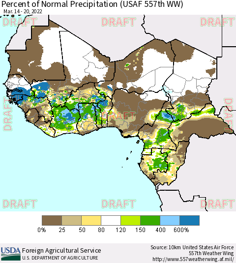 Western Africa Percent of Normal Precipitation (USAF 557th WW) Thematic Map For 3/14/2022 - 3/20/2022