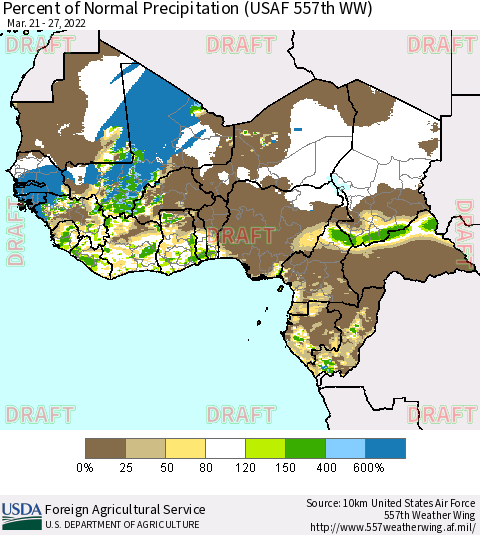 Western Africa Percent of Normal Precipitation (USAF 557th WW) Thematic Map For 3/21/2022 - 3/27/2022