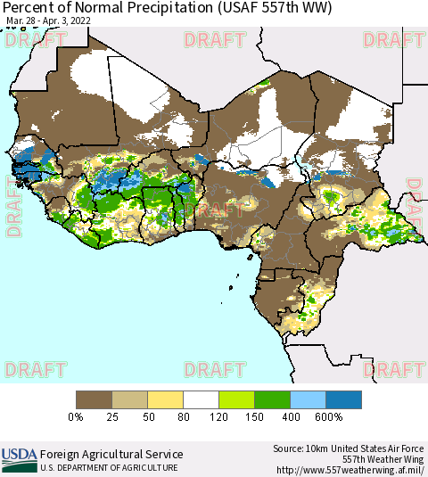 Western Africa Percent of Normal Precipitation (USAF 557th WW) Thematic Map For 3/28/2022 - 4/3/2022