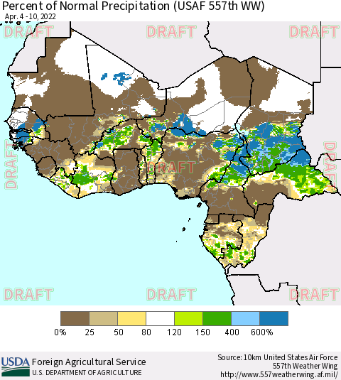 Western Africa Percent of Normal Precipitation (USAF 557th WW) Thematic Map For 4/4/2022 - 4/10/2022