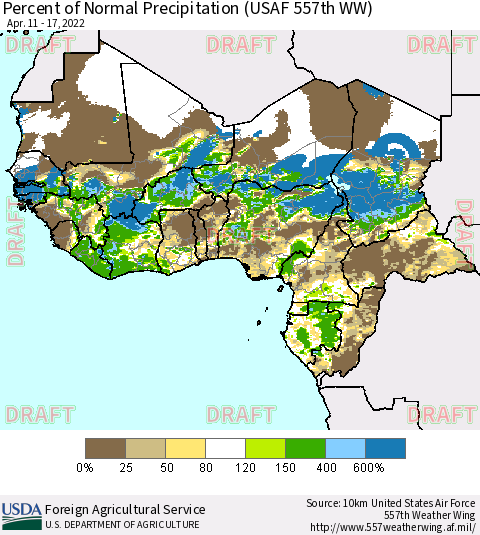 Western Africa Percent of Normal Precipitation (USAF 557th WW) Thematic Map For 4/11/2022 - 4/17/2022