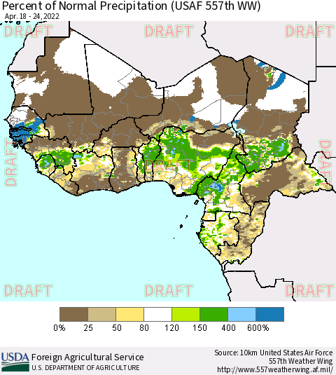 Western Africa Percent of Normal Precipitation (USAF 557th WW) Thematic Map For 4/18/2022 - 4/24/2022